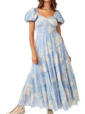 Free People Sundrenched Floral Tiered Maxi Sundress in Sky Combo